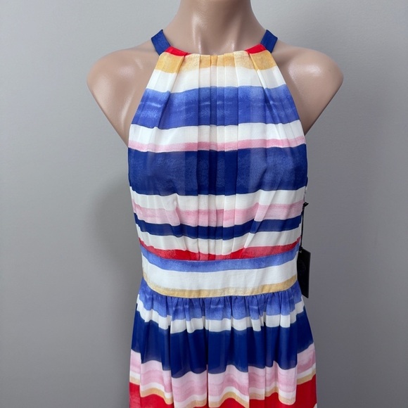 Vince Camuto High Neck Maxi Dress Stripe Blue White Red Pink 6 - Picture 3 of 7